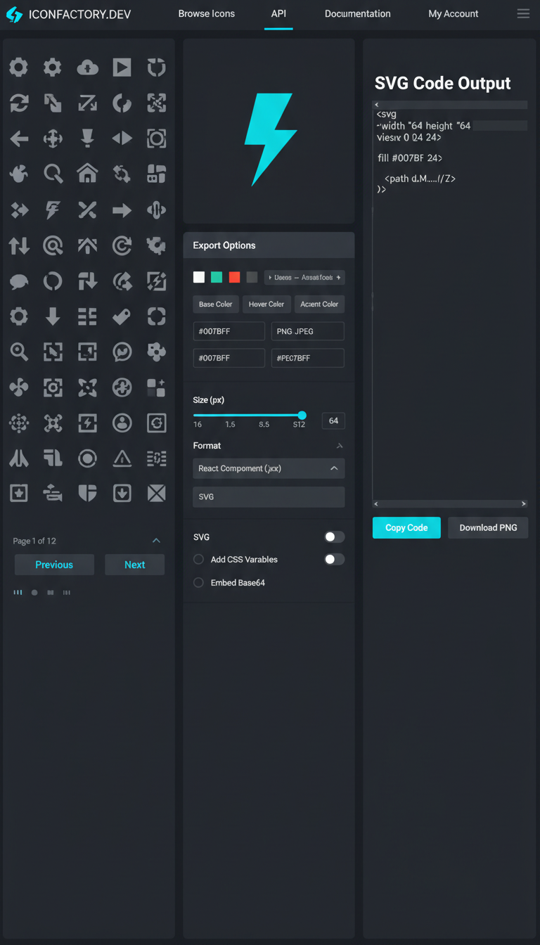 SVG 아이콘 내보내기 옵션을 제공하는 기술적인 웹사이트 인터페이스입니다.