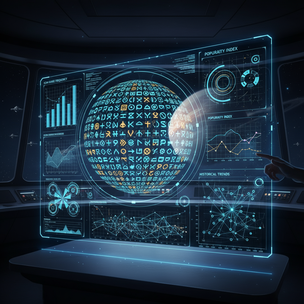 데이터 시각화 및 홀로그램 디스플레이가 있는 공상 과학 테마의 아이콘 연구 웹사이트입니다.