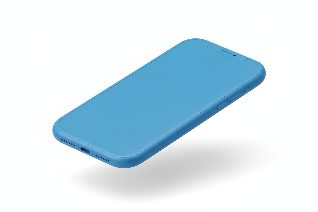 흰색 배경에 있는 아이소메트릭 뷰의 생생한 파란색 클레이 렌더 아이폰 목업.