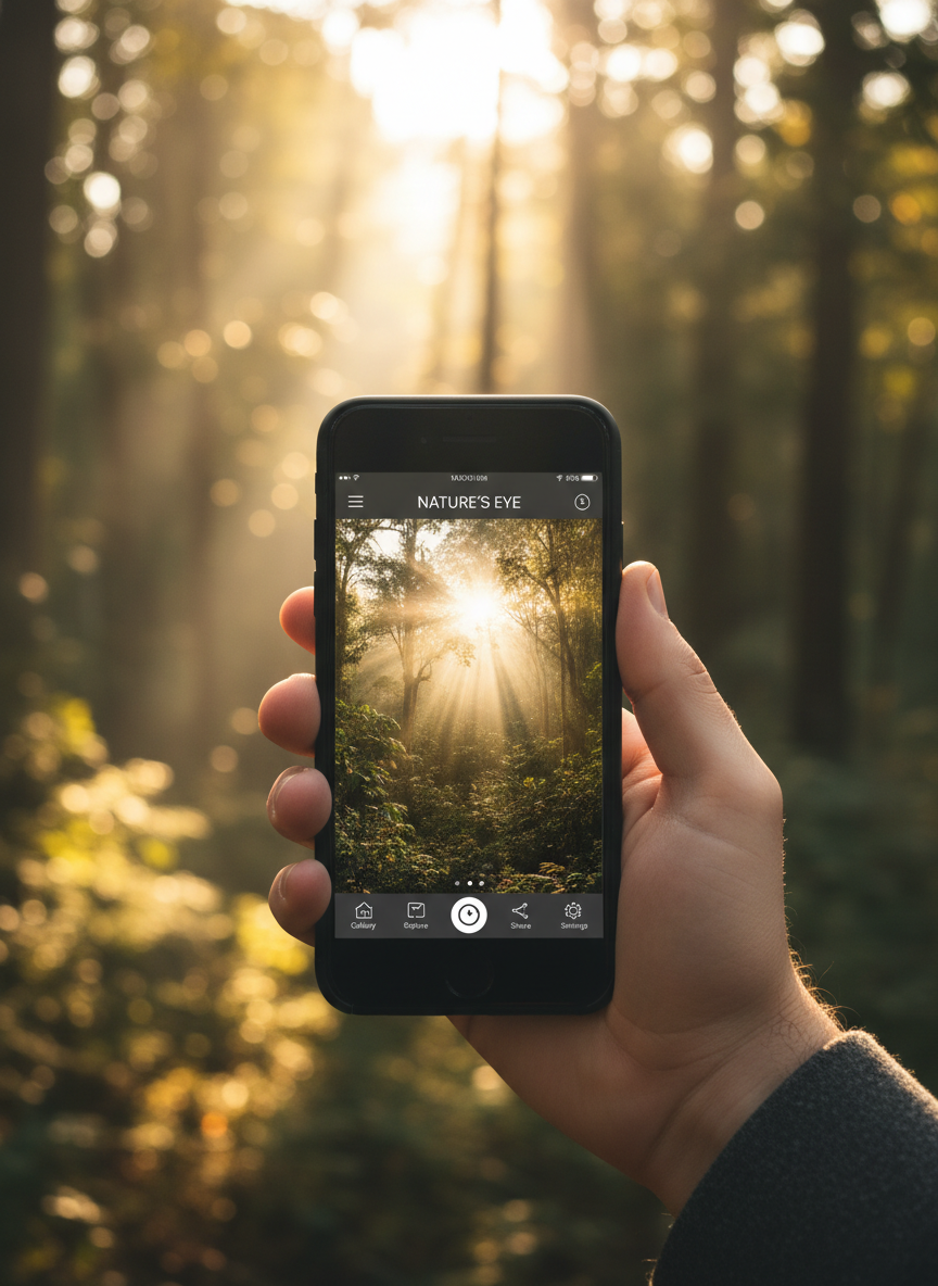 손에 들린 아이폰 목업이 자연 사진 앱을 보여주며, 배경에는 흐릿한 숲이 있다.