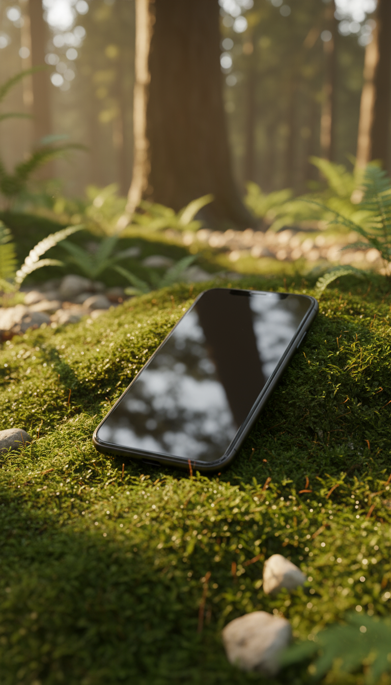 숲속 초록 이끼 위에 놓인 아이폰 목업