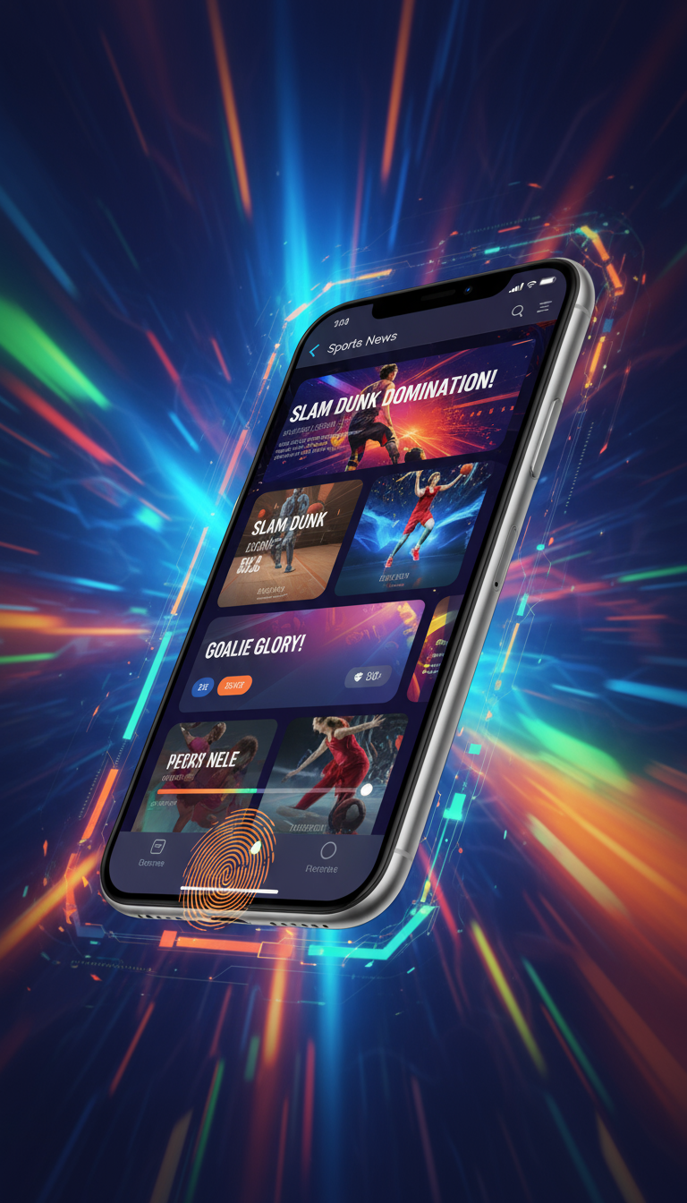 움직이는 듯한 흐림 효과가 있는 다이내믹한 아이폰 목업, 스포츠 뉴스 피드, 활기찬 배경.