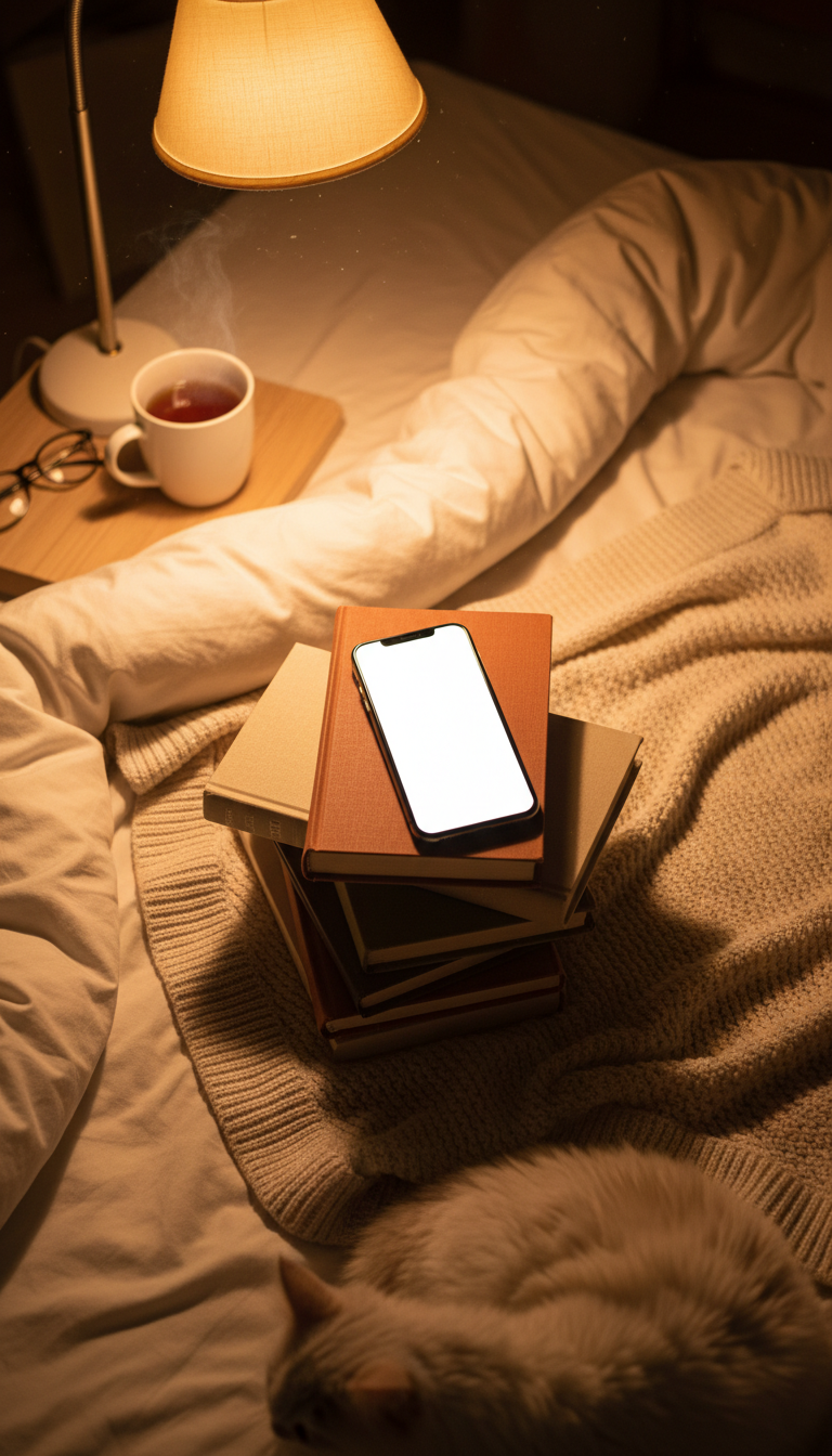 포근한 침대 위에 쌓인 책 더미 위에 놓인 아이폰 목업, 부드러운 독서등 아래.