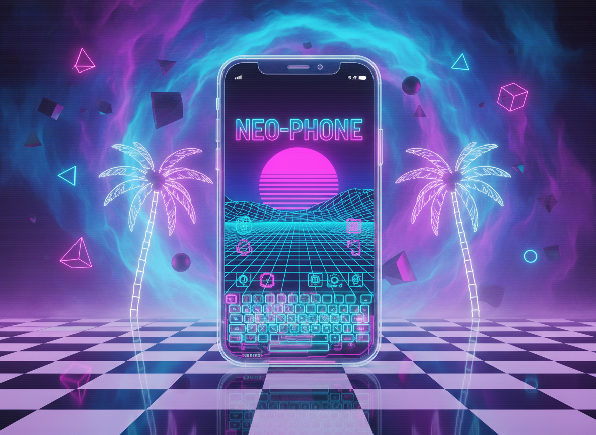 80년대 베이퍼웨이브 디자인의 복고 미래형 아이폰 목업