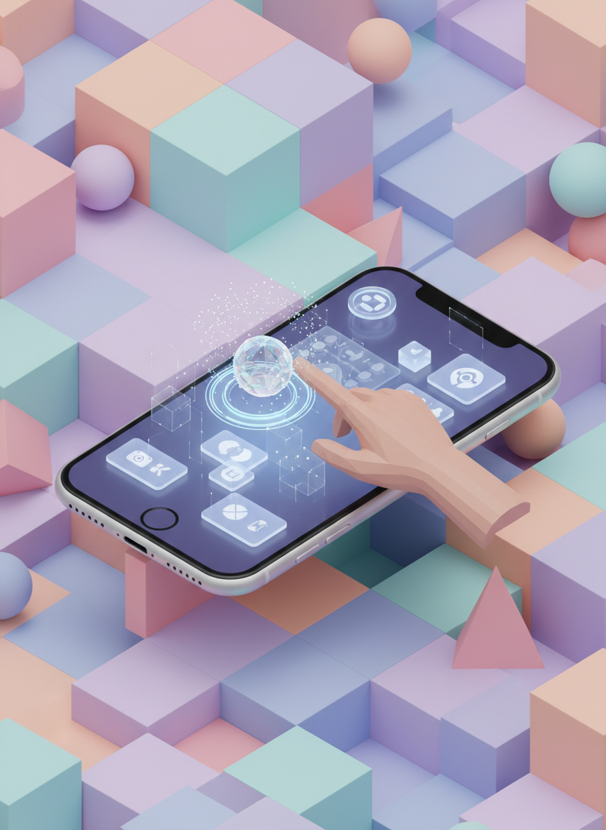 3D 사용자 인터페이스와 기하학적 배경이 있는 등각 투영 아이폰 목업