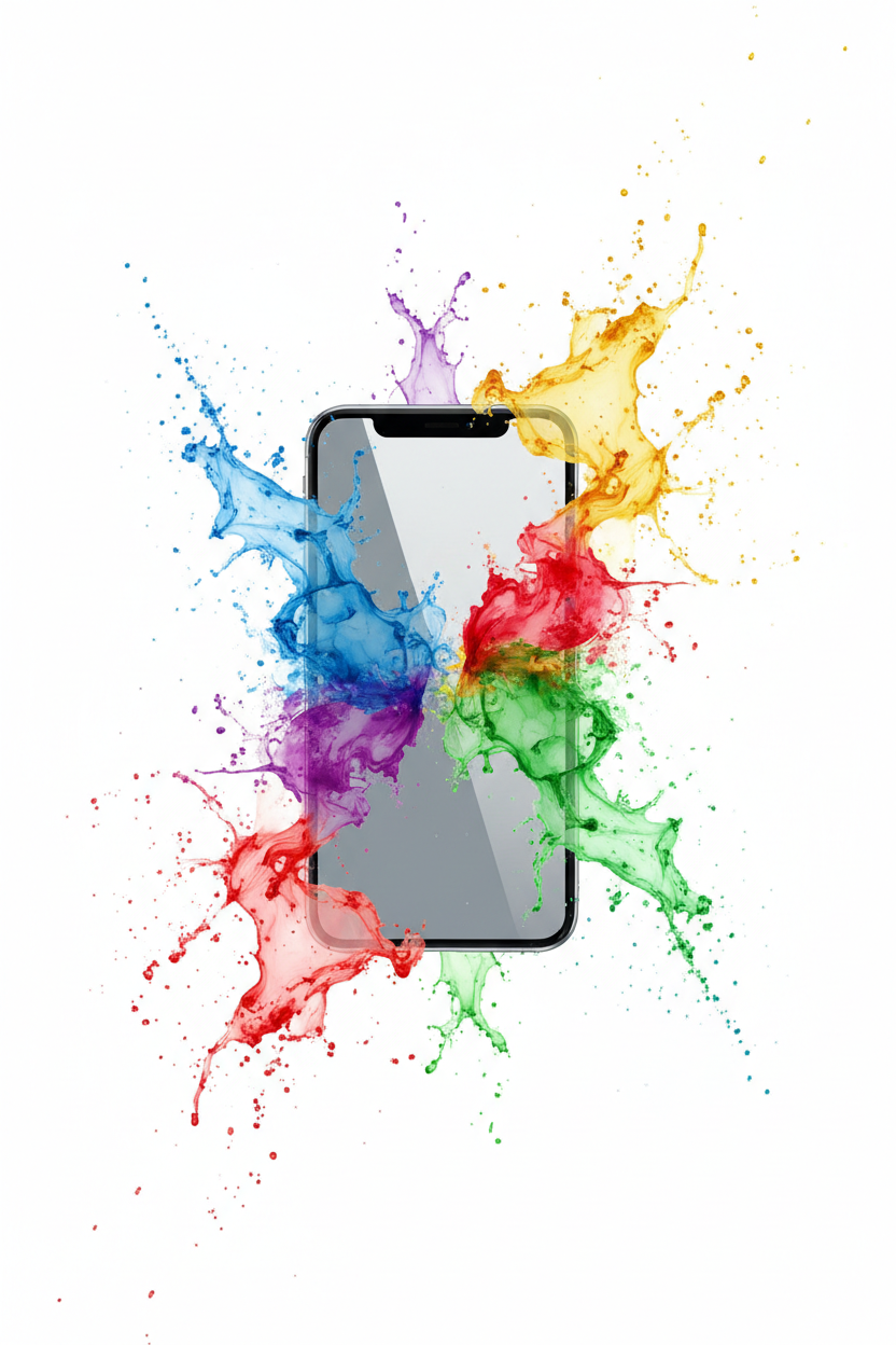 생동감 넘치는 수채화 물감 스플래시와 함께 공중에 떠 있는 아이폰 목업.