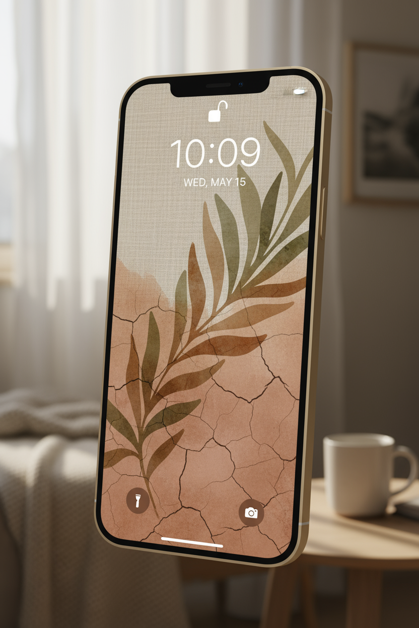 자연적인 색감의 잠금 화면 배경화면이 있는 아이폰 목업