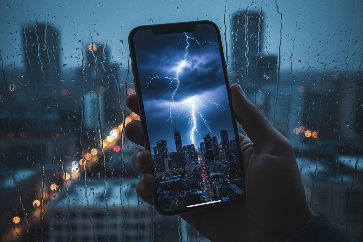 아이폰 목업의 화면이 비 내리는 도시 위로 극적인 천둥 번개를 비추며 강렬한 분위기를 연출한다.