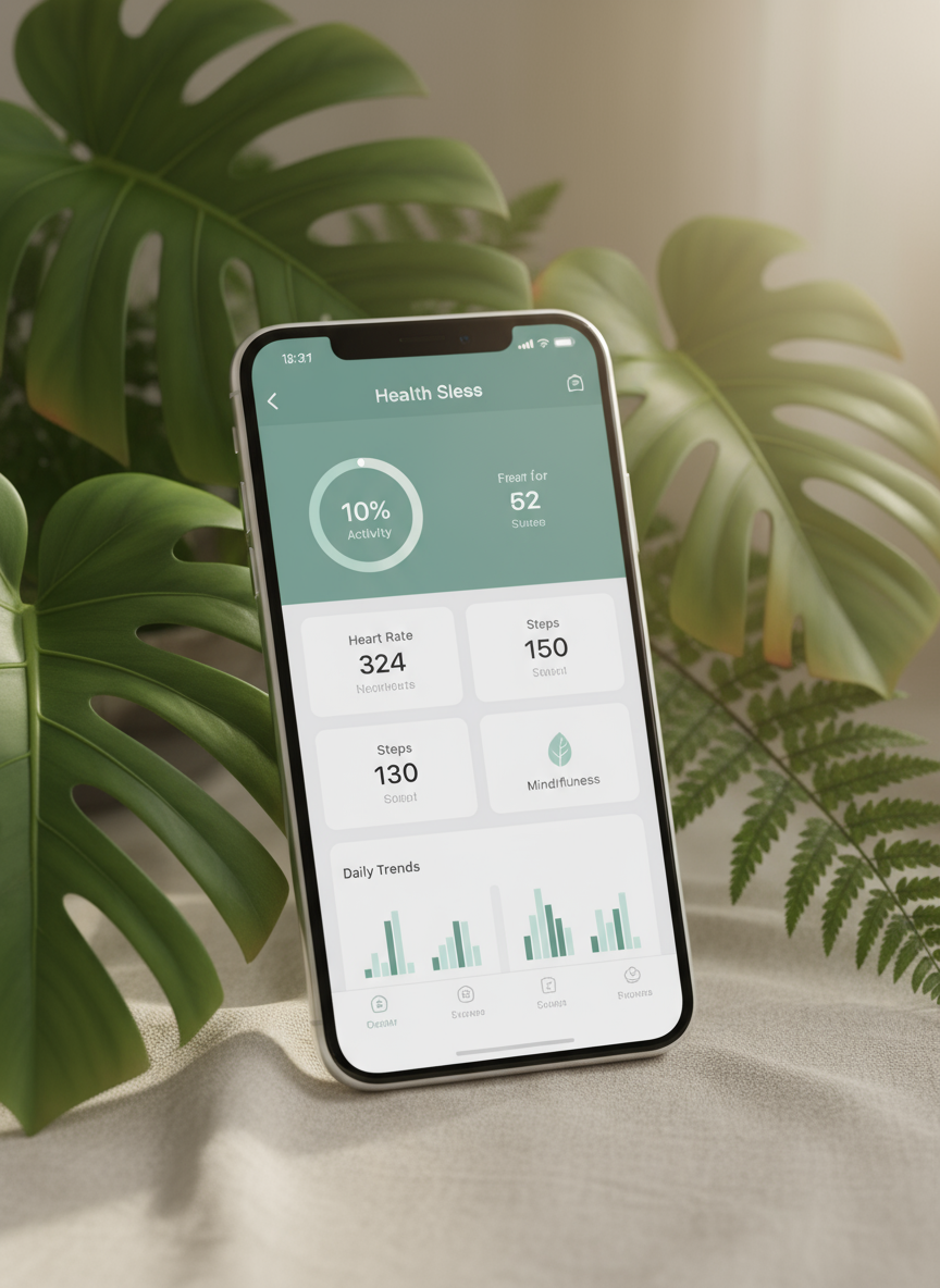 자연 요소와 함께 건강 앱 인터페이스를 표시하는 아이폰 목업