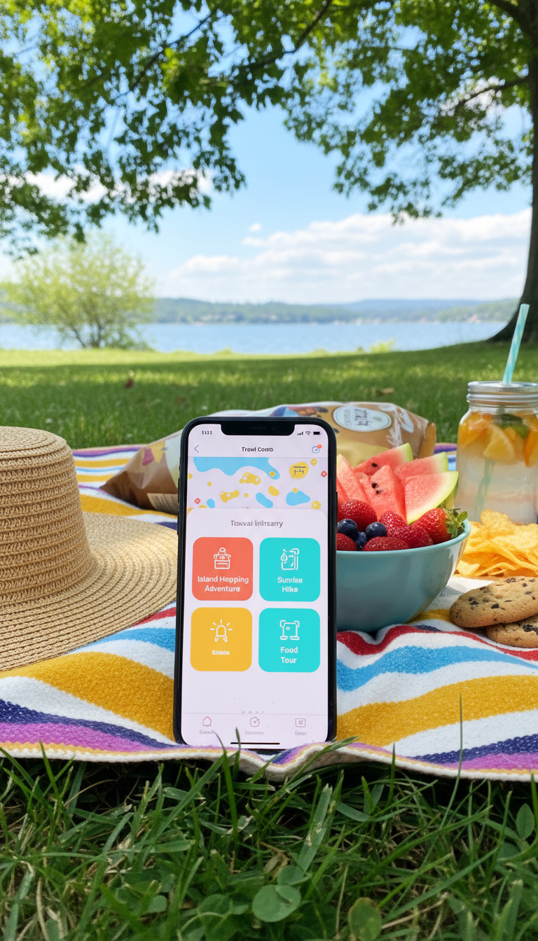 과일과 밀짚모자가 있는 피크닉 담요 위에 놓인, 여행 앱이 보이는 아이폰 목업.