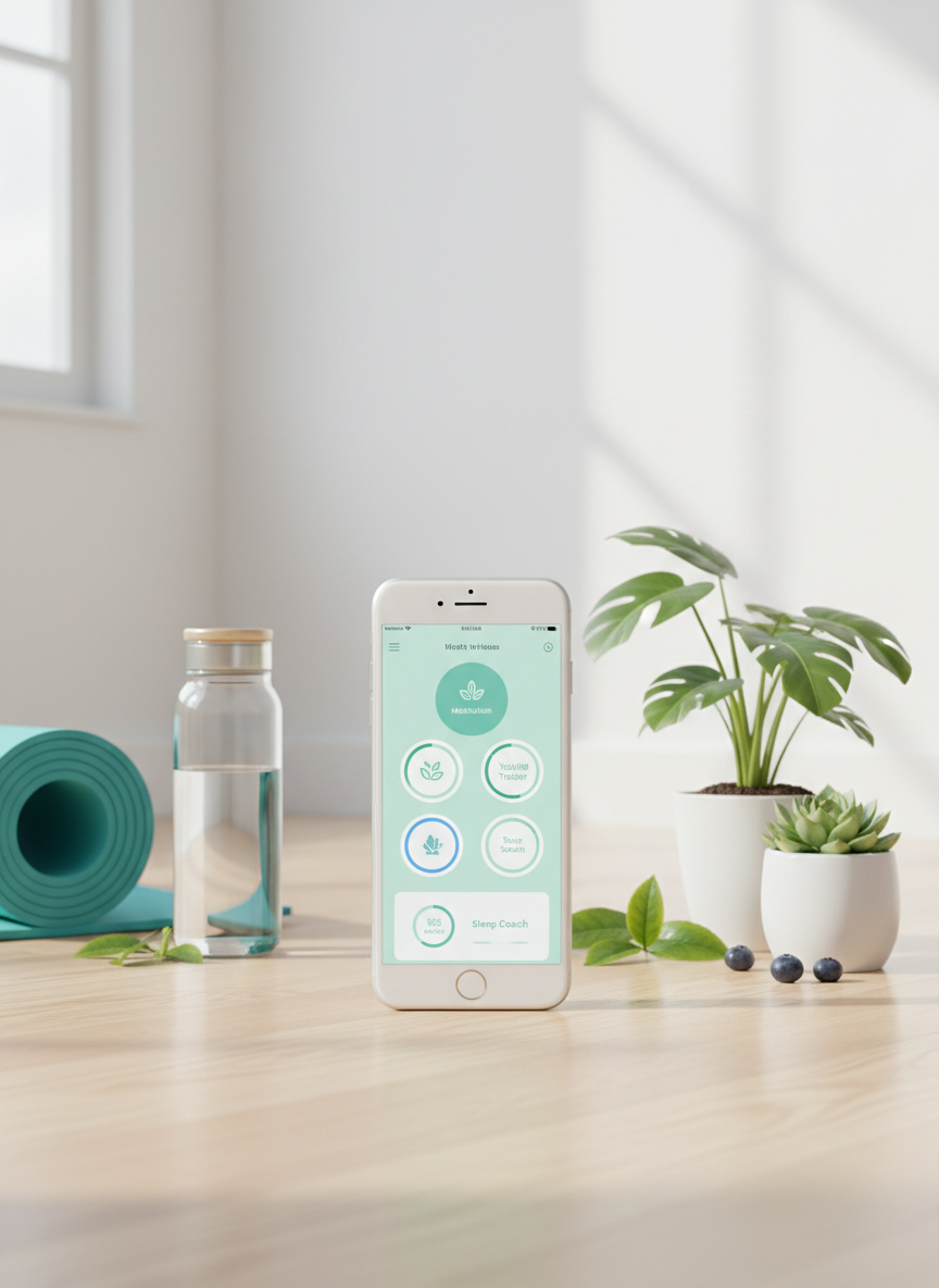 건강 및 웰빙 앱이 있는 아이폰 목업이 요가 매트와 식물들과 함께 건강한 라이프스타일을 홍보한다.