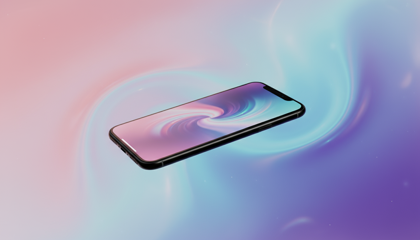 무지개빛 그라데이션 배경에 떠 있는 아이폰 목업