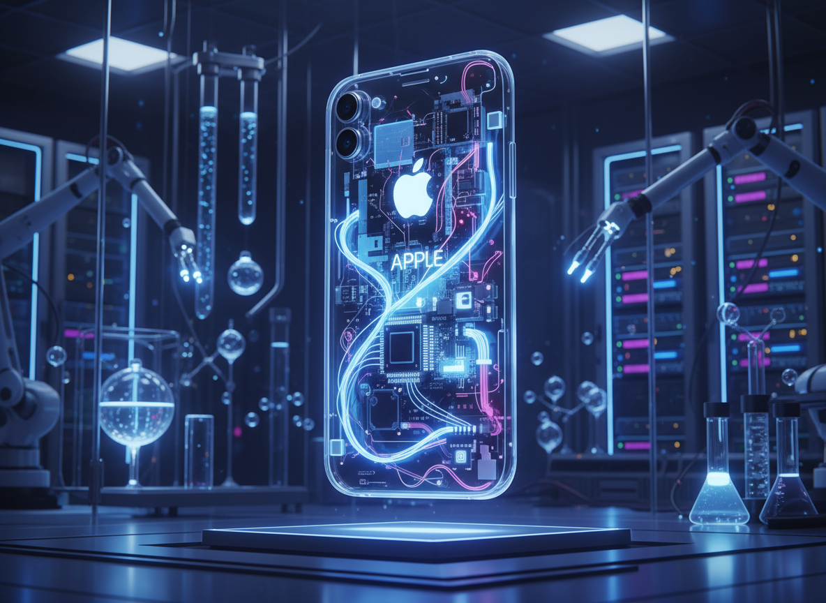 빛나는 회로를 가진 미래 지향적인 투명 유리 아이폰 목업