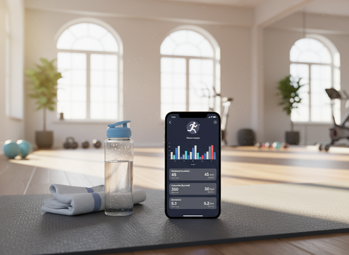 요가 매트 위 체육관에서 피트니스 트래킹 앱이 표시된 아이폰 목업.