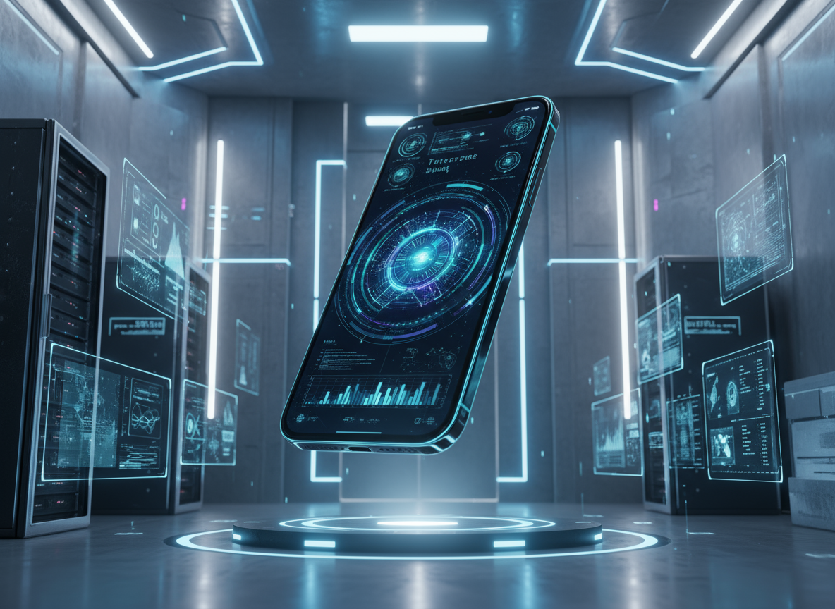 하이테크 스튜디오에서 데이터 시각화 앱을 표시하는 미래형 아이폰 목업.