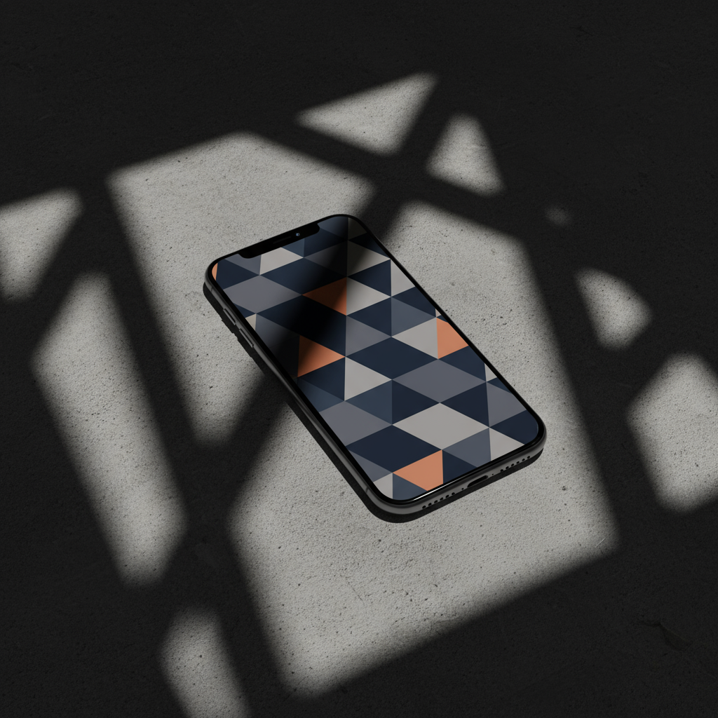 기하학적 배경화면을 가진 아이폰 목업, 콘크리트 표면에 드리워진 극적인 그림자.