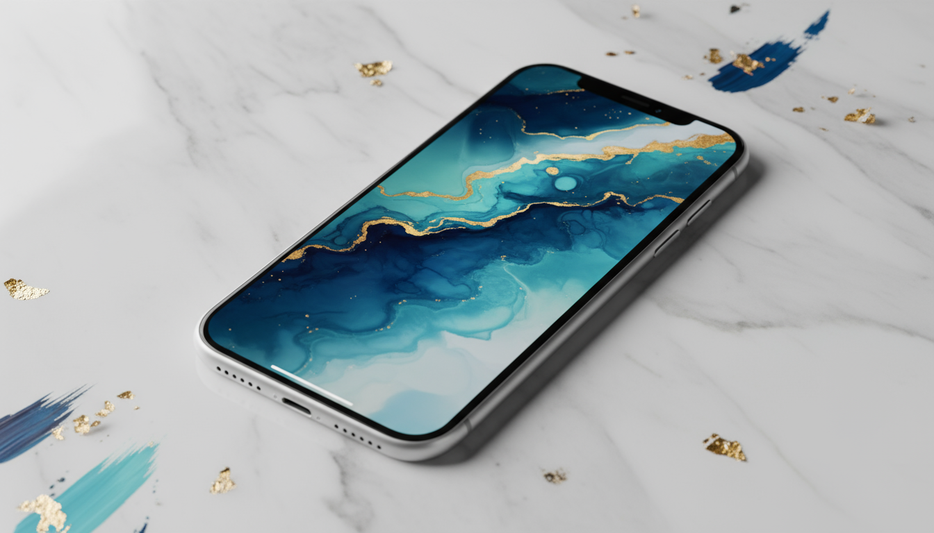 추상 예술 배경화면을 가진 아이폰 목업, 대리석 표면에 놓여져 있으며 우아함.