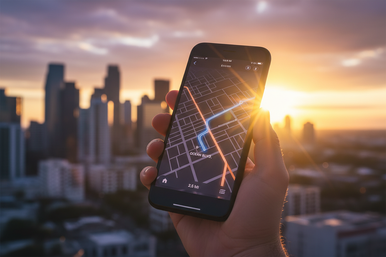 일몰 도시 스카이라인 배경에 내비게이션 앱이 표시된 아이폰 목업.