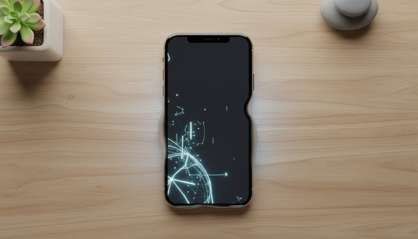 나무 탁자에 매끄럽게 통합된 아이폰 목업으로, 혁신적인 인테리어 디자인을 보여준다.