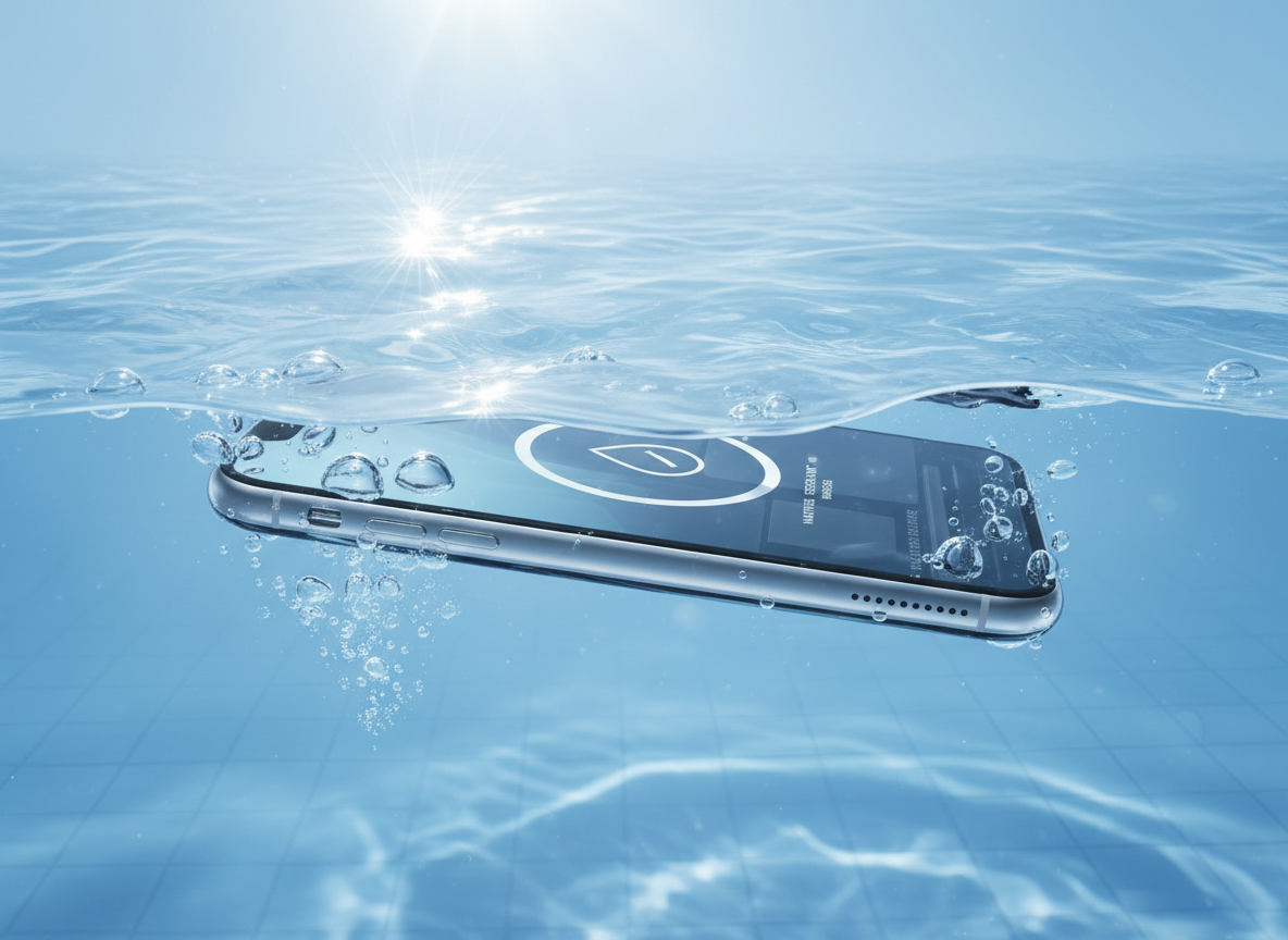 맑은 물에 부분적으로 잠긴 개념적인 아이폰 목업