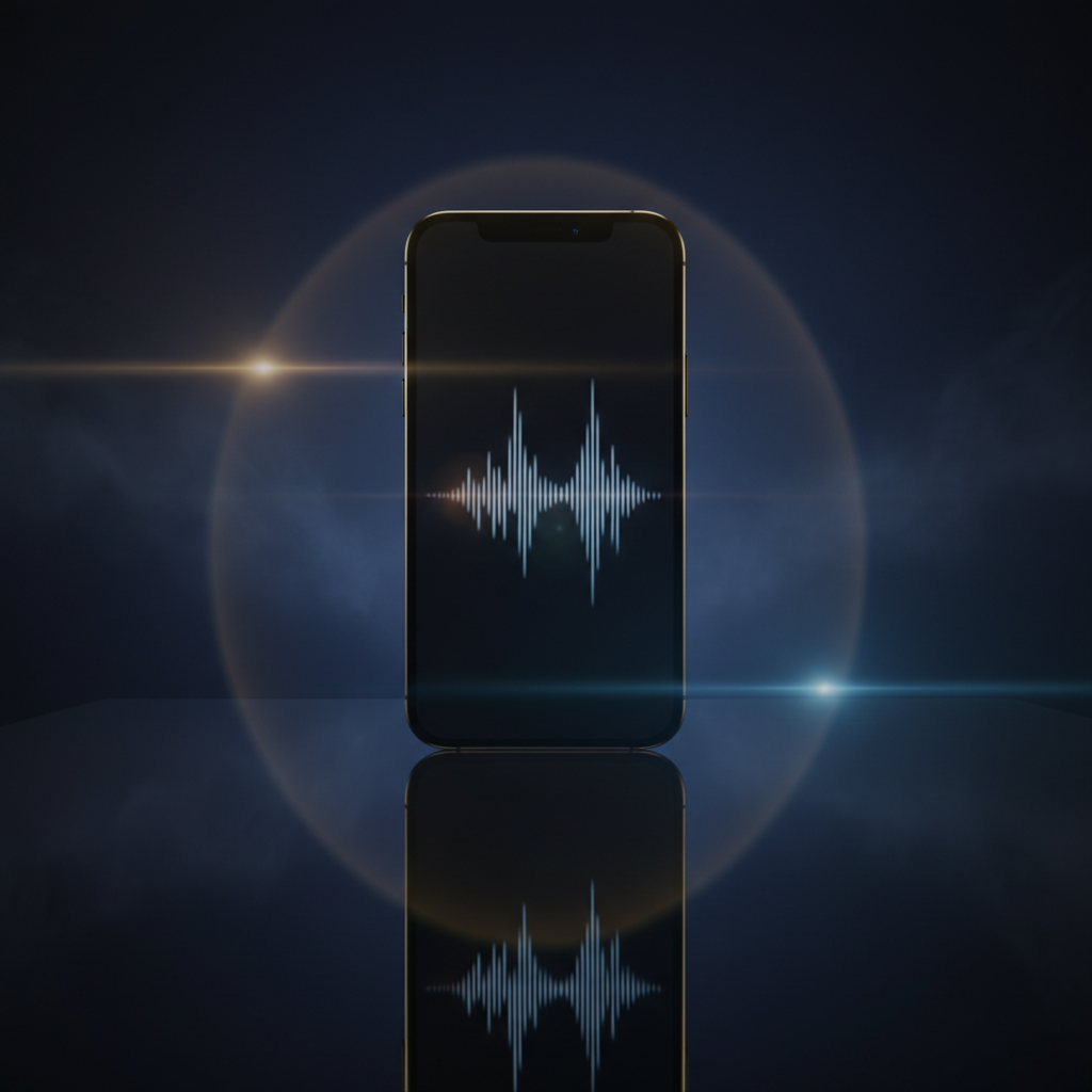 반사되는 표면 위에 놓인 어두운 파란색 배경의 아이폰 목업