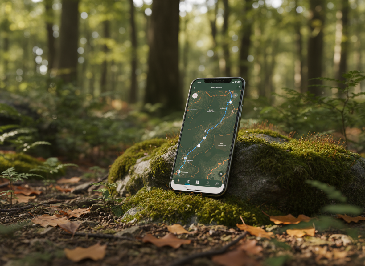 숲 속 이끼 낀 바위 위에 하이킹 지도 앱이 표시된 아이폰 목업.