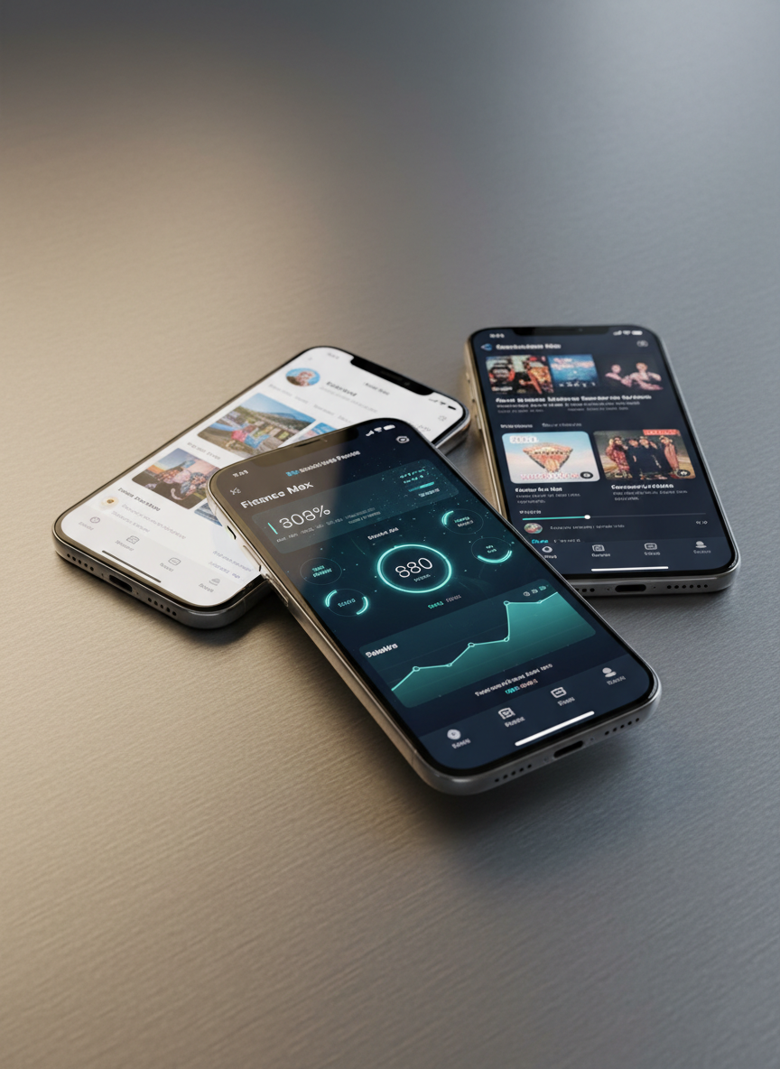 앱의 다른 화면을 보여주는 여러 아이폰 목업이 우아하게 겹쳐져 있다.