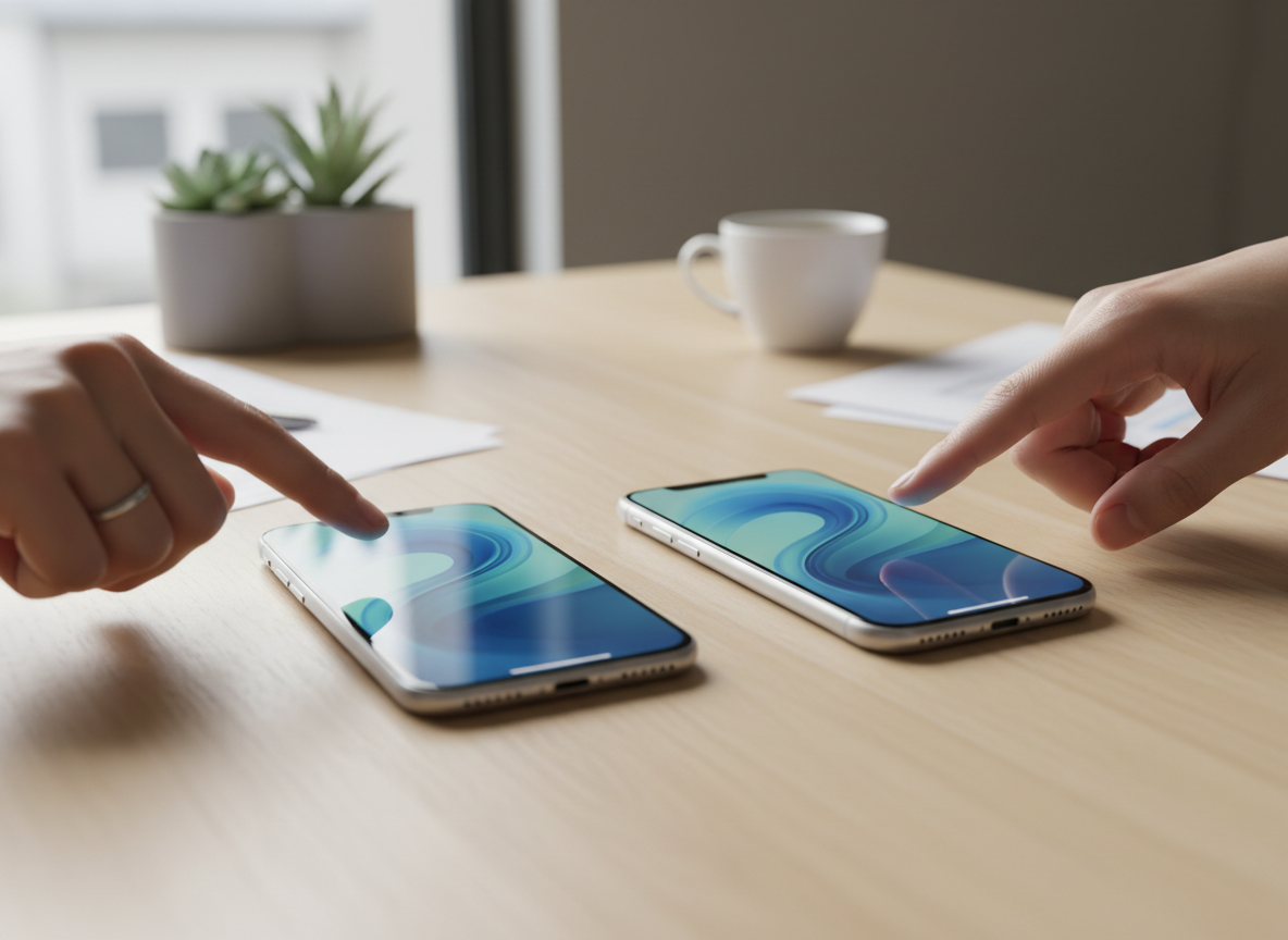 협업을 암시하는 나무 테이블 위의 아이폰 목업 두 개