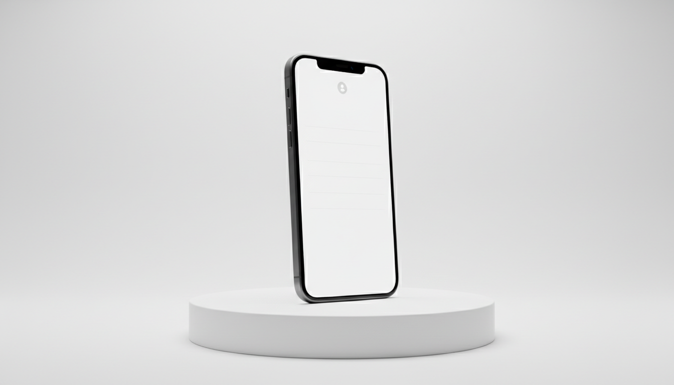 밝은 스튜디오에서 하얀색 화면이 있는 미니멀리스트 아이폰 목업.