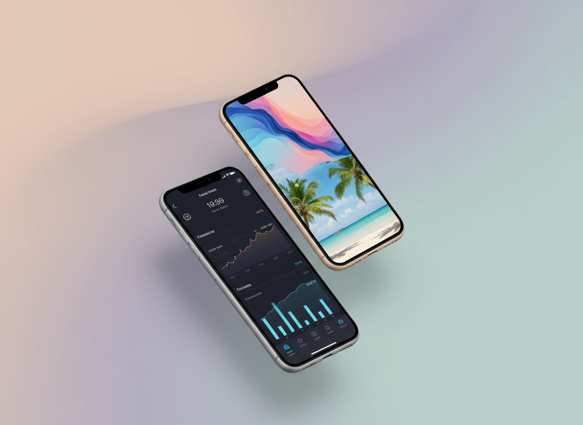 파스텔 그라데이션 배경에 다양한 색상의 아이폰 목업 세 개