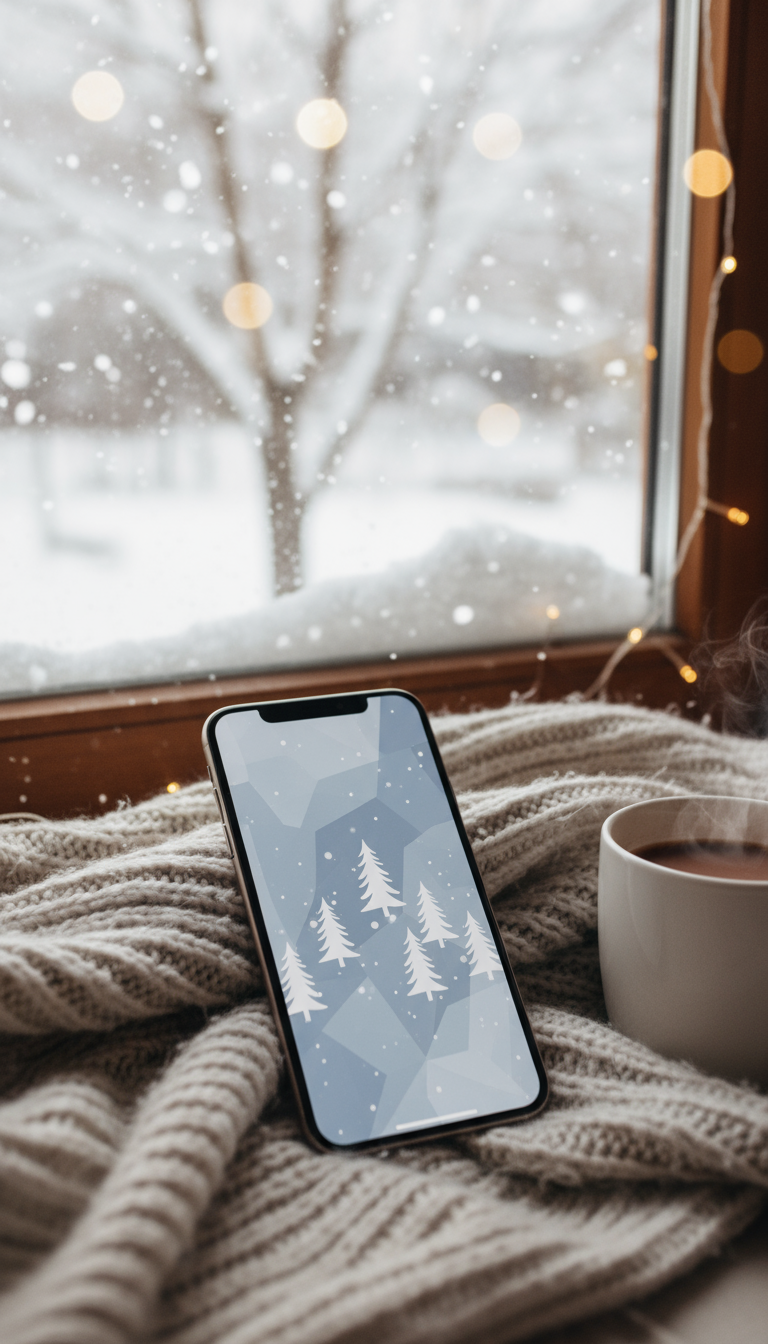 따뜻하고 눈 덮인 창문 배경에 겨울 테마 배경화면을 가진 아이폰 목업.