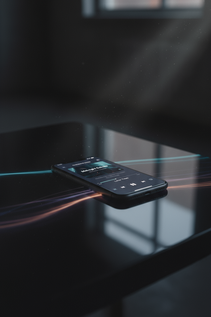 음악 플레이어 앱을 보여주는 분위기 있는 아이폰 목업이 반사되는 표면에 놓여 있다.