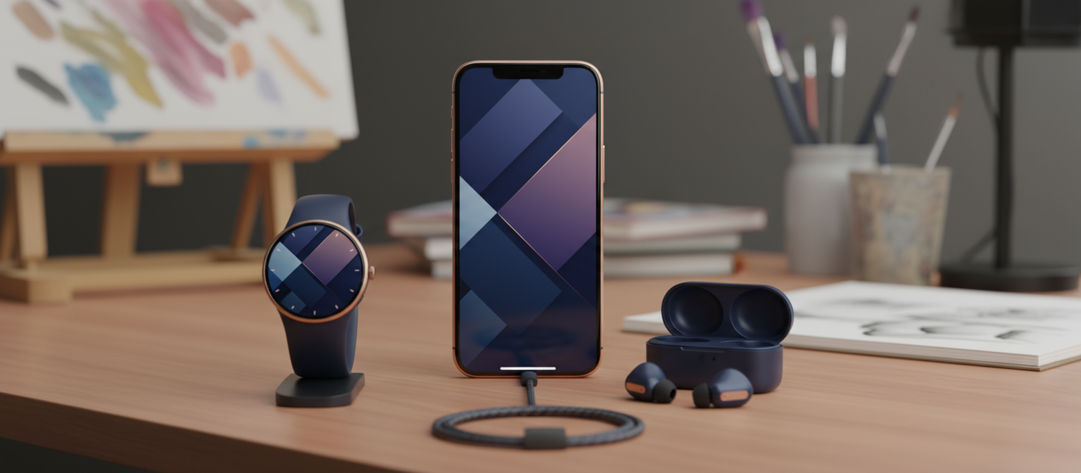 매칭되는 무선 이어폰과 스마트워치와 함께 책상 위에 전시된 아이폰 목업.