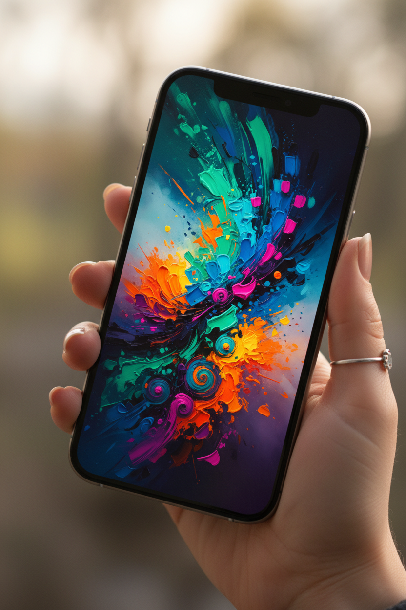 생생한 추상 예술이 표시된 아이폰 목업을 부드럽게 쥐고 있는 손