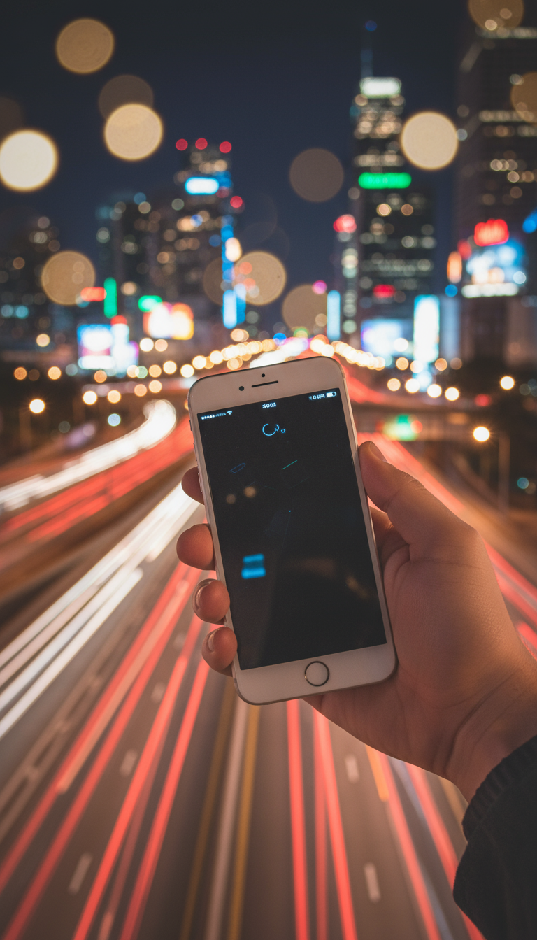 흐릿한 도시 야경 배경의 아이폰 목업