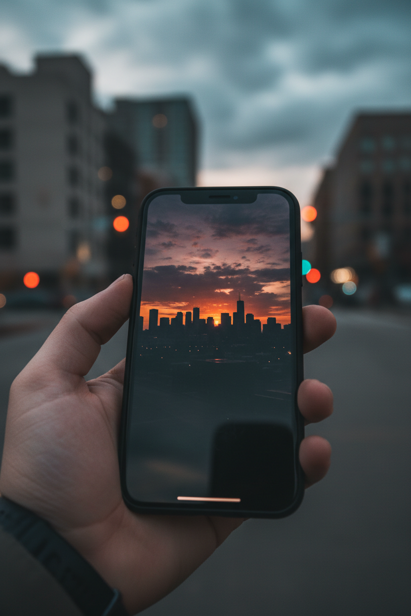 아이폰 목업의 광택 있는 화면이 도시의 일몰 스카이라인을 비추고 있다.