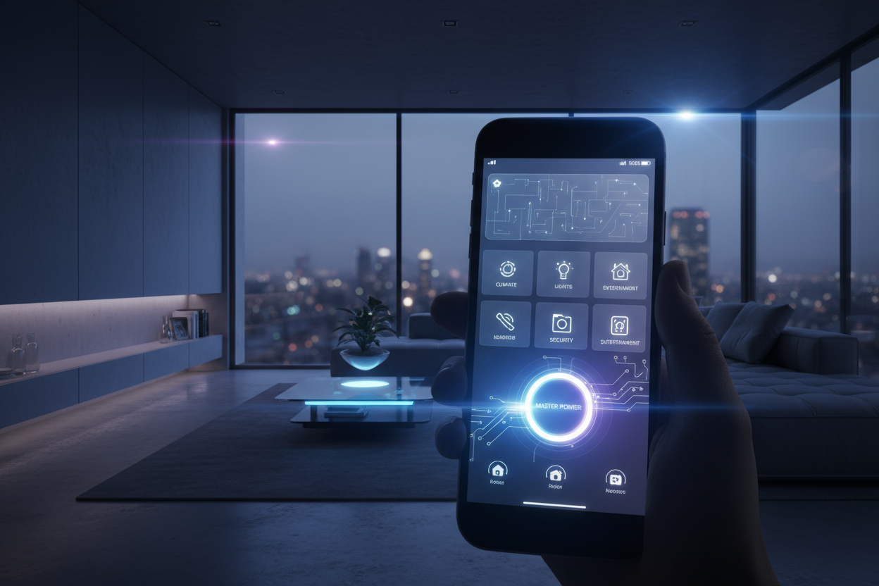 어두운 현대식 거실에서 미래형 스마트 홈 인터페이스를 보여주는 아이폰 목업.