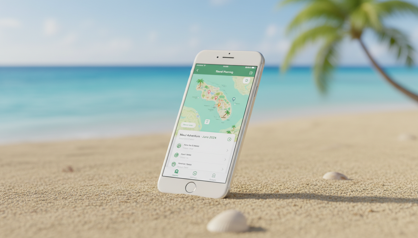 바다가 보이는 해변 모래 위에 여행 계획 앱이 표시된 아이폰 목업.