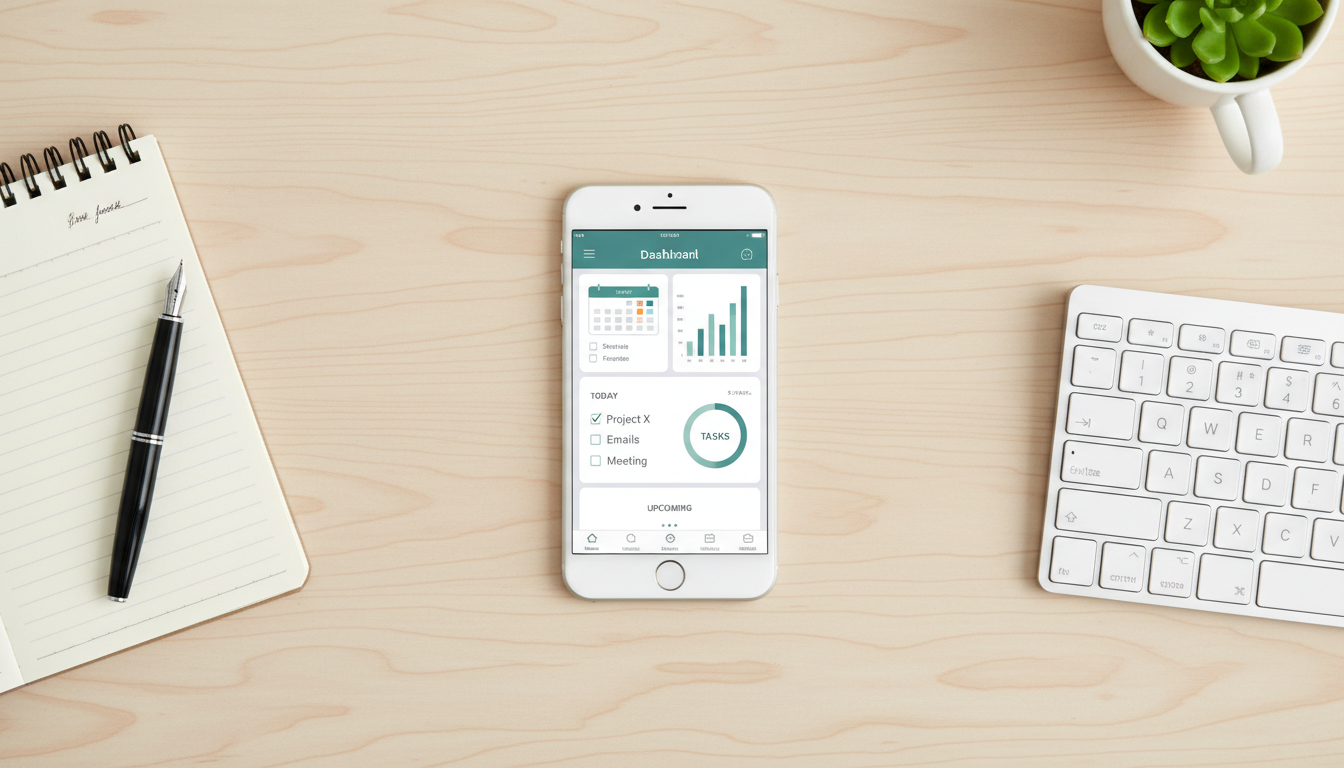 생산성 대시보드 앱이 표시된 아이폰 목업의 오버헤드 샷, 문구류에 둘러싸임.