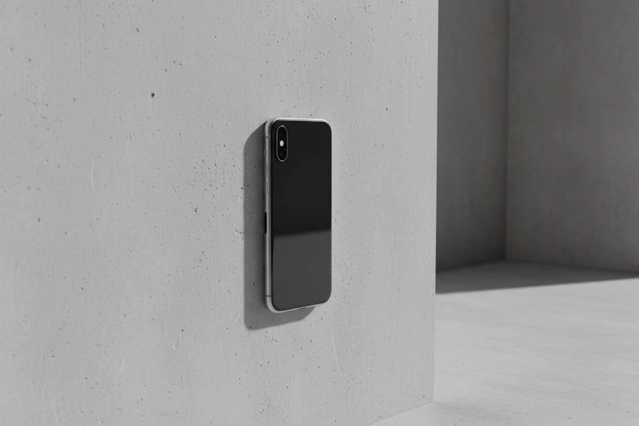 아이폰 목업의 측면 모습으로, 얇은 디자인이 콘크리트 벽을 배경으로 강조된다.