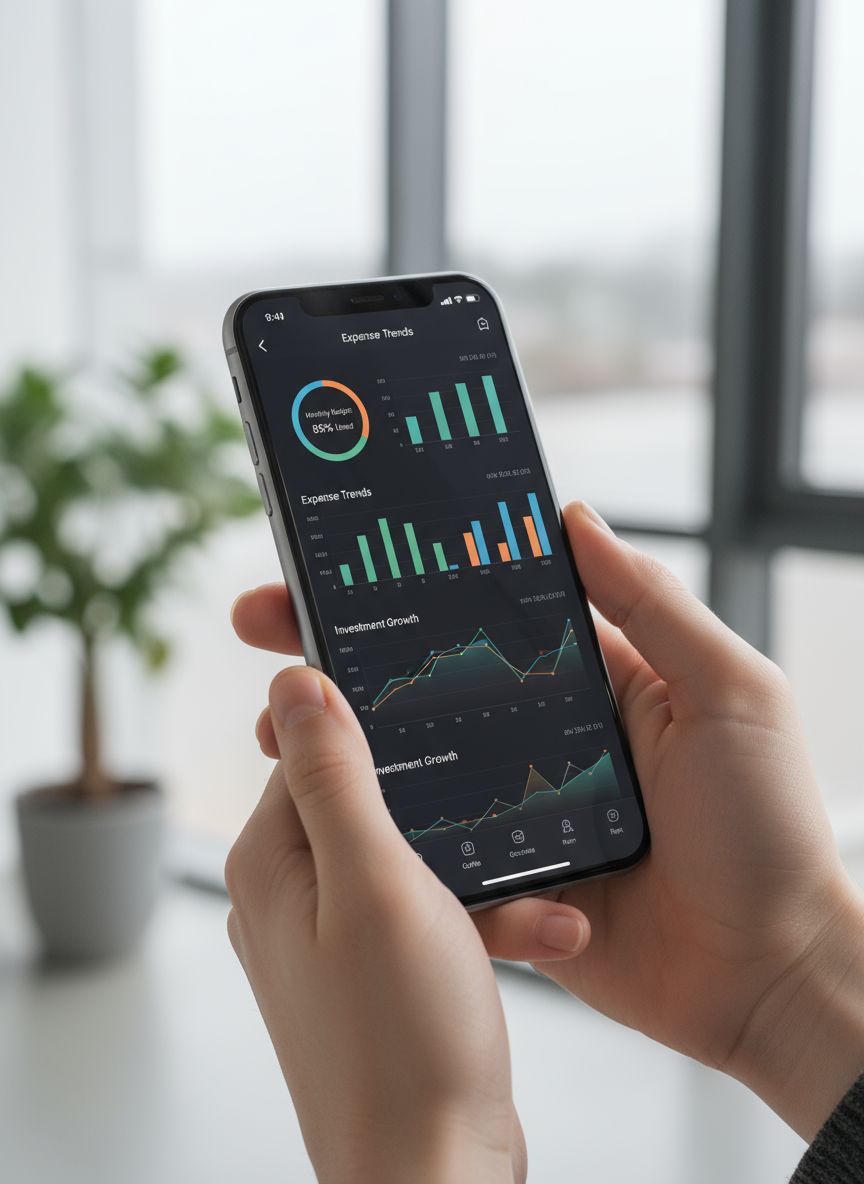재정 추적 앱을 보여주는 아이폰 목업의 클로즈업, 부드러운 스튜디오 조명 아래에서 눈높이에 들려있다.