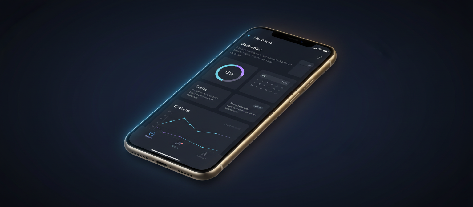 어두운 네이비 배경에 우아한 조명이 더해진 다크 모드 인터페이스 아이폰 목업.
