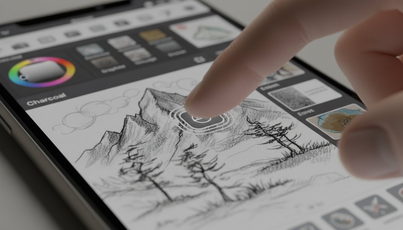 드로잉 앱 인터페이스를 표시하는 아이폰 목업 화면의 초근접샷.