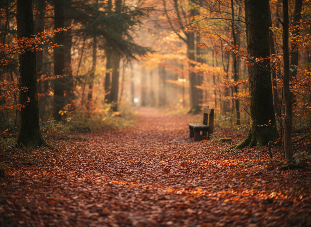 붉고 황금빛 낙엽과 햇살이 비치는 아늑한 가을 숲길 아이폰 배경화면.