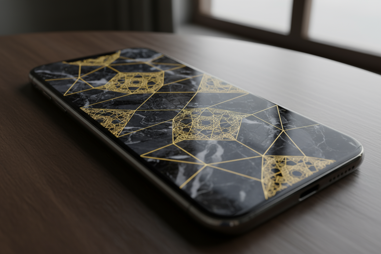 어두운 대리석 질감 위에 황금선이 교차하는 복잡한 기하학적 패턴의 고급스럽고 현대적인 아이폰 배경화면.