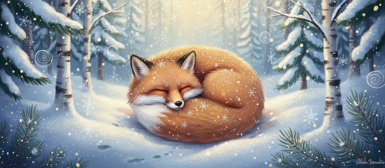 눈밭에 웅크리고 잠든 귀여운 여우 그림.