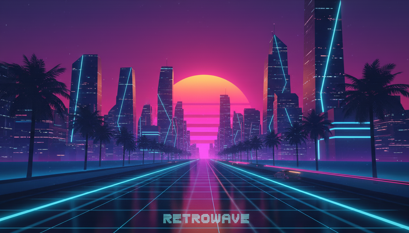 물에 네온 반사가 비치는 미래 도시 스카이라인 위로 retro 80년대 신스웨이브 일몰 아이폰 배경화면.