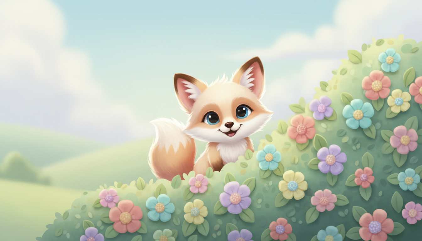 파스텔 꽃 덤불 뒤에서 귀여운 만화 여우 새끼가 엿보는 즐겁고 매력적인 아이폰 배경화면.