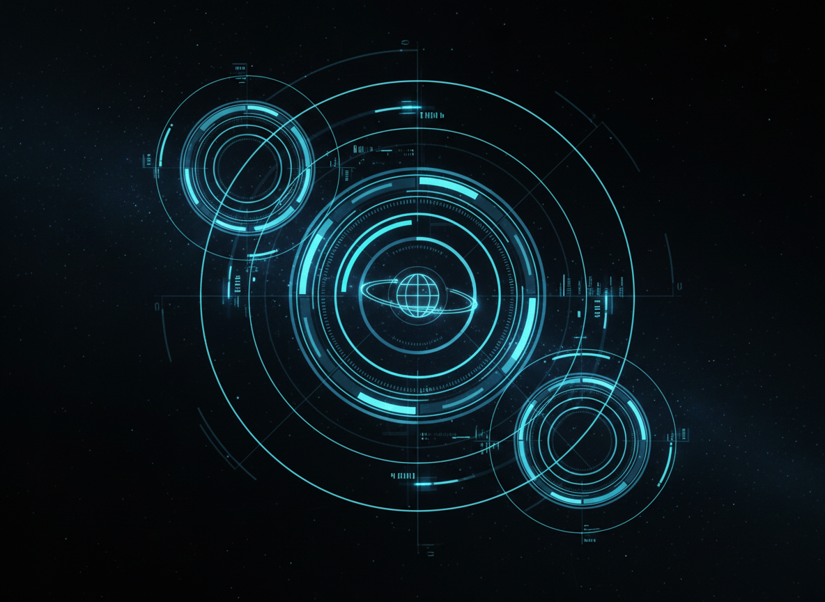어두운 배경에 빛나는 홀로그램 원과 선으로 구성된 공상 과학 인터페이스 요소의 기술적이고 미래적인 아이폰 배경화면.