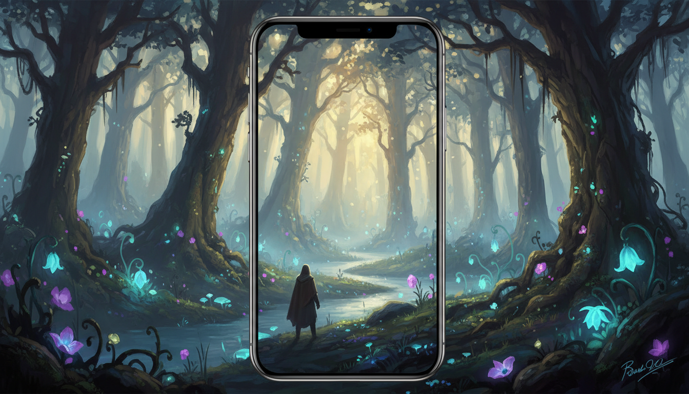 안개가 자욱하고 신비로운 빛을 내는 식물이 있는 마법에 걸린 숲, 판타지 아이폰 배경화면입니다.